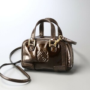 MG1059*《LOEWE ロエベ》マイクロミニ アマソナ AMAZONA アナグラム パテントレザー ショルダー付き ミニバッグ アクセサリーポーチ カーキ