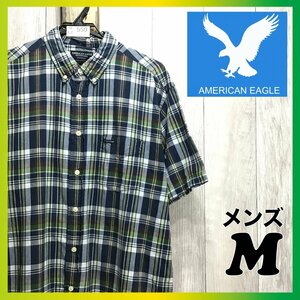 ME3-550★USA直輸入!!★ネイビー×グリーン★【AMERICAN EAGLE アメリカンイーグル】片ポケット チェック 半袖 シャツ【メンズ M】古着