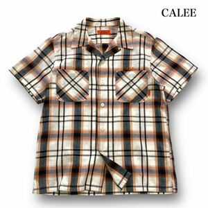 【CALEE】キャリー 半袖オープンカラーシャツ チェック柄 刺繍ロゴ 半袖シャツ チェックシャツ ボタンダウンシャツ ワンポイント刺繍 (M)