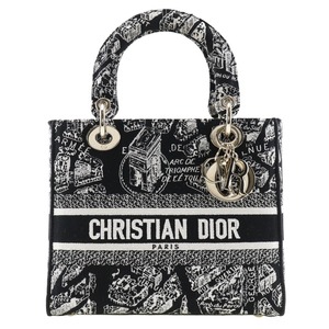 Dior クリスチャンディオール LADY D-LITE ミディアム プラン ドゥ パリ エンブロイダリー ハンドバッグ コットン 黒【R221823001】中古