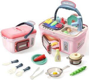 ピンク Cute Stone ままごとセット キッチンセット 27点セット 玩具安全基準合格 収納式 おもちゃ 水循環 UV色変化