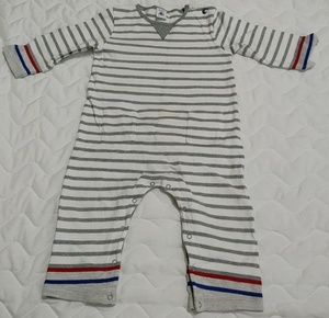 18m/81㎝ PETIT BATEAU プチバトー 長袖 長ズボン ロンパース つなぎ ボーダー 白×グレー