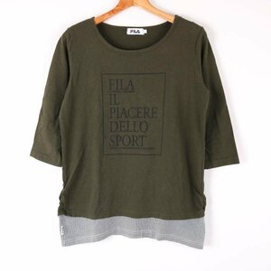 フィラ ７分袖Tシャツ ロゴT ラウンドネック スポーツウエア トップス コットン100% レディース Lサイズ グリーン FILA