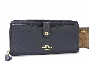 1円 ■美品■ COACH コーチ PVC ラウンドファスナー 二つ折り 長財布 ウォレット 札入れ 小銭入れ レディース ネイビー系 BG7968