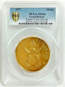 1977年 イギリス エリザベス2世 即位25周年 シルバージュビリー チューダーローズ 大型 ギルドメダル PCGS MS67 57mm アンティークコイン