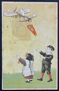 ◆戦前絵葉書◆飛行機と子ども 明治45年年賀状・子年・ねずみ 美術・アート・デザイン 検索：絵本