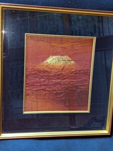 山内一生　富嶽　赤富士　富士山　貼り絵　絵画　額装済　和紙工芸　小原工芸紙　額サイズ　約横41.5×縦44.5cm 内経　約横23×縦25.5cm