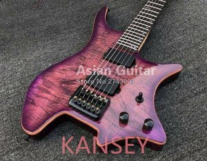 エレキギター 本体 ハードケース付き 紫 光沢仕上げ マホガニー合板 34インチ ヘッドレス ハード ロック バンド
