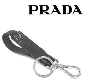 【未使用品 超美品】 プラダ PRADA キーリング キーフック ストラップ キーホルダー レザー 本革 サフィアーノ ブラック 黒 三角プレート