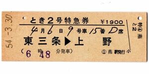 D型常備券　とき2号　特急券　￥1900　東三条→上野　燕発行　検札印穴