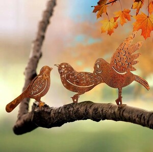 ガーデン彫刻　錆る小鳥　透かし　４点セット　メタルバード　HANAKO　鳥の雑貨　ガーデンオブジュ