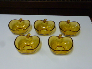 昭和レトロ　ガラス 器 リンゴ アンバー セット デザート 菓子 琥珀 アンティーク キッチン インテリア ディスプレイ