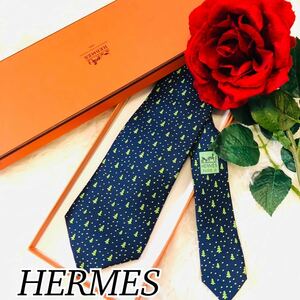 HERMES エルメス メンズ 男性 紳士 ネクタイ ブランドネクタイ 総柄 ネイビー 紺 木 定番カラー 人気 結婚式 新品未使用 剣先 9.5cm