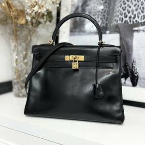 33962 HERMES エルメス ケリー32 ボックスカーフ ブラック 新型金具