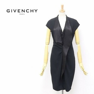 ◆GIVENCHY/ジバンシイ ストレッチ シルク使い 切替 タック フレンチスリーブ ワンピース ブラック 36