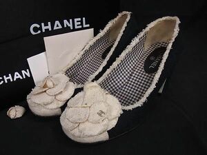 1円 CHANEL シャネル ココマーク カメリア ヒール パンプス サイズ 35 (約22.0cm) 靴 シューズ ネイビー系×アイボリー系 AZ4344