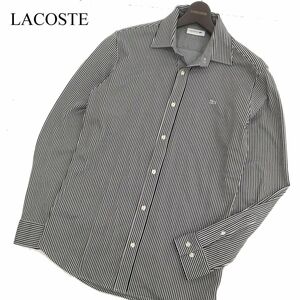 LACOSTE ラコステ 銀ワニ刺繍★ 【THERMO LITE ビズ ポロシャツ】 長袖 ストライプ シャツ Sz.4　メンズ 黒 × 白 日本製　C4T00334_1#C