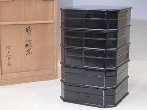 ★美品！加賀 漆光堂【輪島塗縁高重　木箱入り】木製漆器　サイズ：17.2×17.2×高さ26cm　茶道具 菓子器 茶器