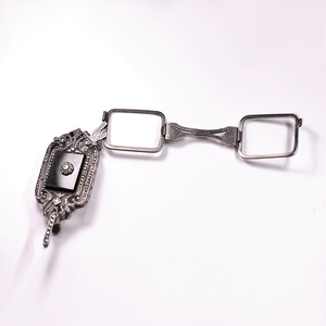 【開】20世紀ビンテージ RUE ブラックオニキスマーカサイト象嵌彫金装飾メタルローネット 折りたたみ眼鏡拡大鏡 AC558