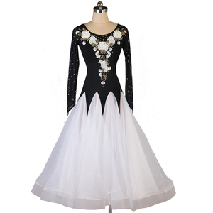 レディース社交ダンス衣装　ダンス競技ドレス　素敵刺繍花柄飾り 新作　黒＋白　サイズ調整可　S～XXL