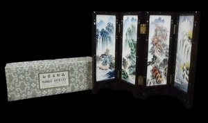 中国古美術 中国製 白雲石制品 手彩色「山花鳥両面卓上屏風」1980年代 OTS605