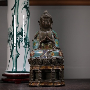 珍藏 中国 清代 銅胎 景泰藍 釈迦 仏像 仏教古美術 供養品 細密彫 時代物 置物 中国古美術 唐物 TWB138