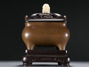 【瓏】古銅鏨刻彫 沖天耳香薰炉 大明宣徳年製 古置物擺件 銅器 中国古賞物 蔵出