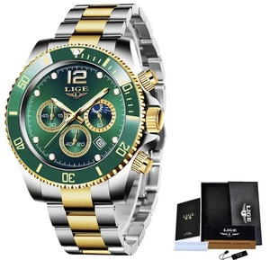 LIGE メンズ 腕時計 高品質 クオーツ カジュアル ビジネス ミリタリー ウォッチ 8924 クロノグラフ 防水 時計 グリーン× GOLDシルバー