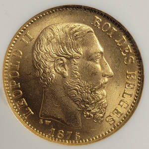【最高鑑定】1875年 ベルギー 20フラン 金貨 レオポルド２世 NGC MS66 アンティーク コイン