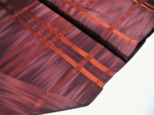 着物はぎれ（古布)正絹縦絣 茶チェックライン (36x211,27x120cm)