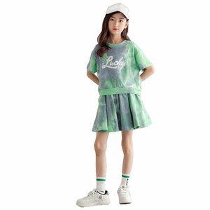 [Rolanko] 子供服 女の子 上下セット セットアップ tシャツ キュロットスカート ジャージ ガールズ ダンス 普段着 通園 通学 夏 グリ