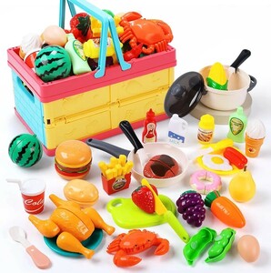 知育玩具 ままごと 48点セット おもちゃ ごっこ遊び 折り畳みかご リアルな食材 果物野菜 切る遊び キッチン お鍋 ままごと用調理器