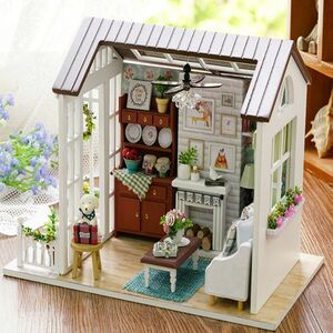 クリスマスギフト 3D 木製ドールハウスリビングルームバルコニー家具 Diy ミニチュアキットおもちゃダストカバードールハウス