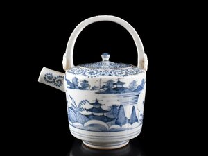 【雲】某収集家放出品 古伊万里 染付山水蛸唐草紋銚子 高さ18.8cm 古美術品(水注急須)AA9983 LTdsaq