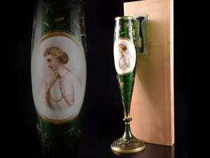 【雲】 19世紀 ボヘミアガラス 金彩ハンドペイント美人図花瓶 高さ38.5cm 古美術品(アンティークベネチア硝子)CA9942 OTfdew