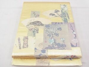 平和屋野田店■六通太鼓柄袋帯　手描き　螺鈿箔　地紙色紙花鳥文　金彩　逸品　BAAC5400hv