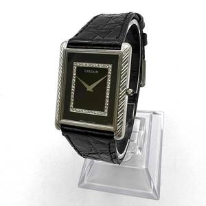 セイコー SEIKO クレドール 2F70-5200 クォーツ腕時計 黒文字盤 ダイヤモンド 18KT 社外ベルト 純正尾錠 稼働品 現状品