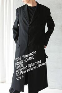 Yohji Yamamoto POUR HOMME 19AW Wrinkled Gabardine 3B Peaked lapel Jacket 黒 size4 HC-J19-100