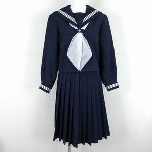 1円 セーラー服 スカート スカーフ 上下3点セット 冬物 白3本線 女子 学生服 兵庫姫路豊富中学 紺 制服 中古 ランクB NA2055