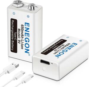 ENEGON 9V 充電式 電池 2個＋2in1 Type-C 充電ケーブル,充電器不要 650mAh 006p電池、Type-C