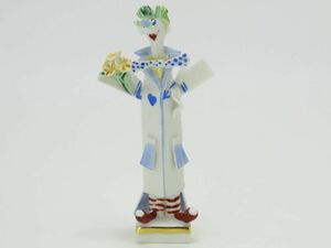 マイセン 置物■ピエロ 青 水玉ネクタイ お花とハート フィギュリン 9cm ペーター・シュトラング 手びねり人形