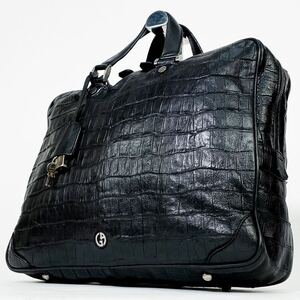 GIORGIO ARMANI ジョルジオアルマーニ クロコダイル メンズ ビジネスバッグ A4◎ ブリーフケース ハンド 大容量 ブラック 黒 レザー 本革