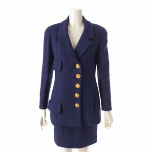【シャネル】Chanel　ヴィンテージ 金ボタン ツイード セットアップ ジャケット スカート ブルー 34 【中古】【正規品保証】196437