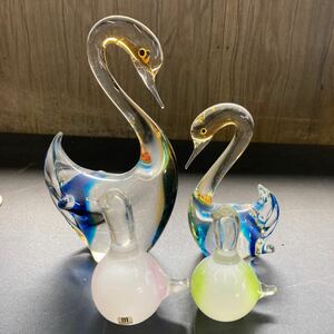特産 工芸品　Multi Glass マルティグラス ガラス スワン ペア 4体 硝子 白鳥 置物 飾り　ガラス工芸 ガラス細工 