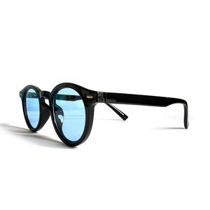 ボストン カラー サングラス ブラック/ブルー UVカット カラーレンズ フレーム だてめがね 大きめ 眼鏡 サングラス