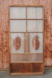 会3　昭和レトロ　アンティーク建具　1枚　磨りガラス　楕円形覗き付　木製引戸　1770x890x32ミリ
