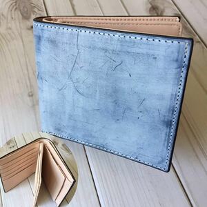 新作品 ブルー系　ハンドメイド 新品 ブライドレザー ヌメ革/本革 メンズ 二つ折り財布//小銭入れあり 人気商品