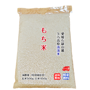 もち米 玄米500g4合/白米450g3.5合 2023年産 石鎚山麓 久万高原 清流米 減農薬 特別栽培米 百姓直送 送料無料 メール便