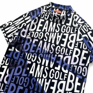 未使用級■BEAMS GOLF ビームス ゴルフ【XL】ロゴ サイケ 総柄 モックネックシャツ ゴルフウェア ストレッチ 吸水速乾 23年モデル ネイビー