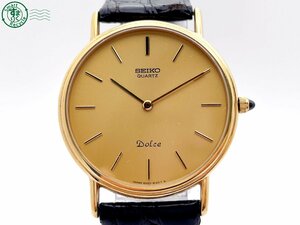 2404604321　＃ 1円～！ SEIKO セイコー 14K ST Dolce ドルチェ 6020-8100 クォーツ QZ 2針 腕時計 ゴールド文字盤 純正ベルト 人名刻印有